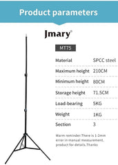 Tripé Profissional Jmary MT-75 | Altura de 2.10m – Cabeça Giratória Panorâmica e Carga até 5kg