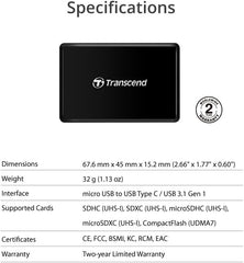 Leitor Multicartões Transcend All-in-1 USB 3.1 Gen 1 Tipo-C