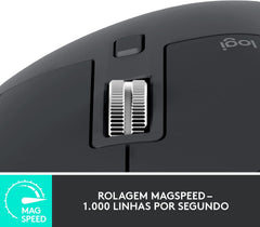 Rato Ergonómico Sem Fio Logitech MX Master 3S Preto Sensor 8000 DPI Vidro Quiet Clicks Rolagem MagSpeed Bluetooth e USB-C