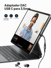 Adaptador Áudio UGREEN AV161 (50631) USB Tipo-C para Fêmea 3,5mm com Chip DAC Integrado Cabo Trançado 10cm Preto