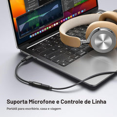 Adaptador Áudio UGREEN AV161 (50631) USB Tipo-C para Fêmea 3,5mm com Chip DAC Integrado Cabo Trançado 10cm Preto