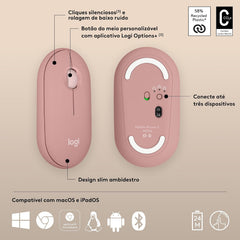 Rato Sem Fio Logitech Pebble M350s Silent Touch Conexão Dupla Bluetooth e Logi Bolt 4000 DPI Rosa e Sand