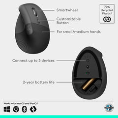 Rato Ergonómico Vertical Sem Fio Logitech Lift Ângulo de 57° Conexão Bluetooth e Logi Bolt Sensor 4000 DPI Autonomia 24 Meses