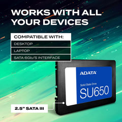 SSD ADATA Ultimate SU650 SATA III 2.5" (512GB / 1TB) Leitura até 520MB/s e Gravação até 450MB/s
