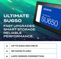 SSD ADATA Ultimate SU650 SATA III 2.5" (512GB / 1TB) Leitura até 520MB/s e Gravação até 450MB/s