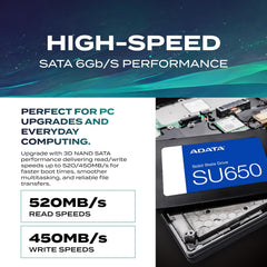 SSD ADATA Ultimate SU650 SATA III 2.5" (512GB / 1TB) Leitura até 520MB/s e Gravação até 450MB/s