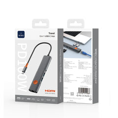 Hub USB-C WiWU Travel 5-em-1 WI-HB005 | Adaptador HDMI 4K, Dual USB 3.0 e Leitor de Cartões SD/TF em Liga de Alumínio