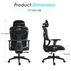 Cadeira Giratória de Escritório Ergonómica E392-H com Encosto Alto em Tela e Apoio de Cabeça 3D