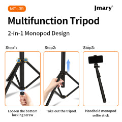 Tripé e Selfie Stick 2-em-1 Jmary MT-39 | Altura até 1.53m – Estrutura em Alumínio e Ferro com 5 Secções