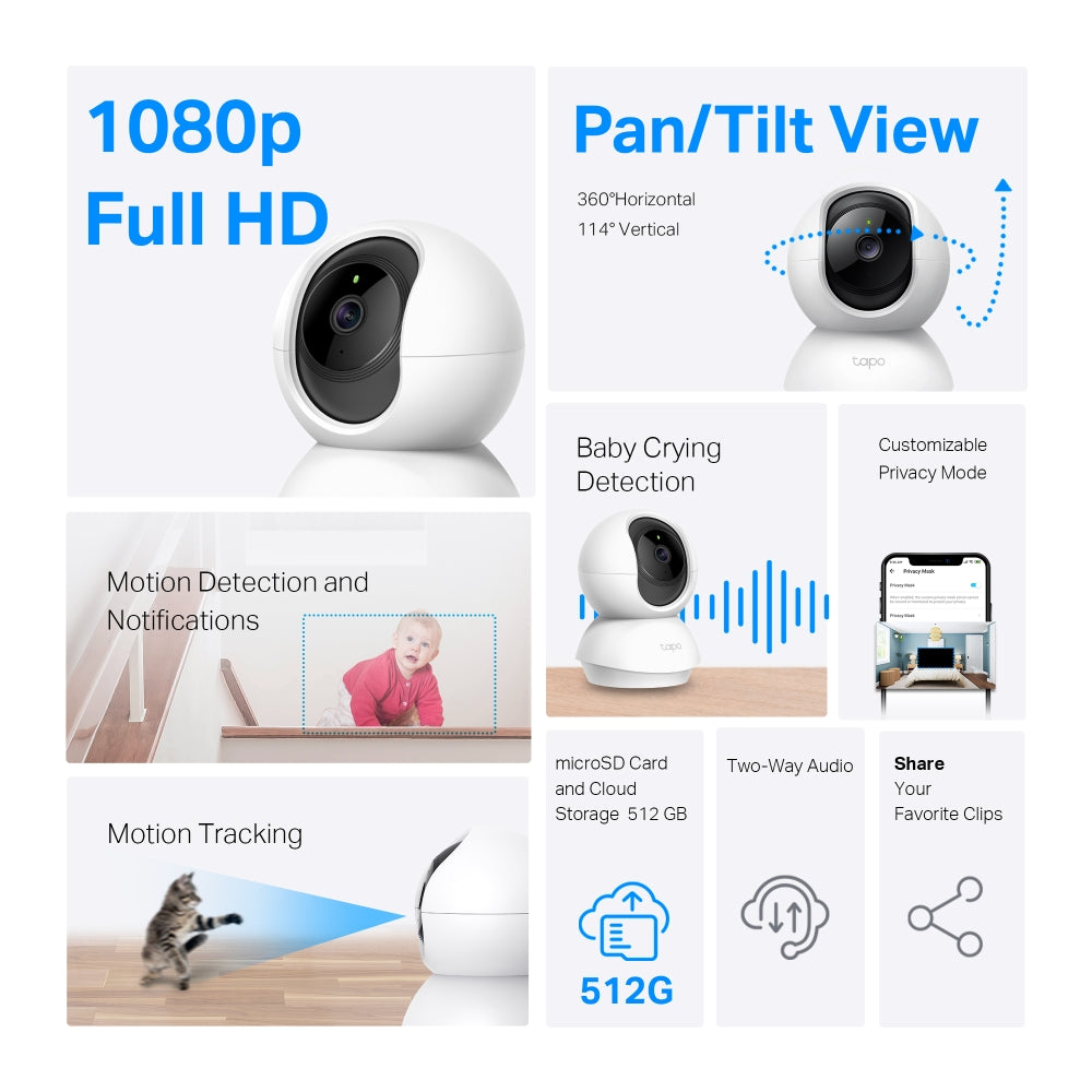 Câmara de Segurança Wi-Fi Inteligente Full HD 1080p Pan/Tilt TP-Link Tapo C200 com Visão Noturna e Áudio Bidirecional