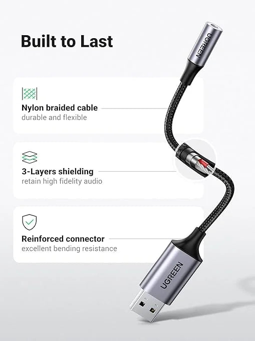 UGREEN 30757 – Adaptador de Áudio USB 2.0 para 3,5 mm (Alumínio, 25 cm)