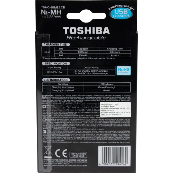 Carregador Toshiba USB para Pilhas AA/AAA TNHC-6GME2 com 2 Pilhas AA Inclusas