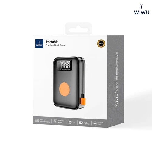 Inflador de Pneus Portátil WiWU WI-AI003 | Compressor Digital 90W com Bateria de 5.000mAh (2x 2500mAh) – Cilindro 22 para Carros, Motos e Bicicletas