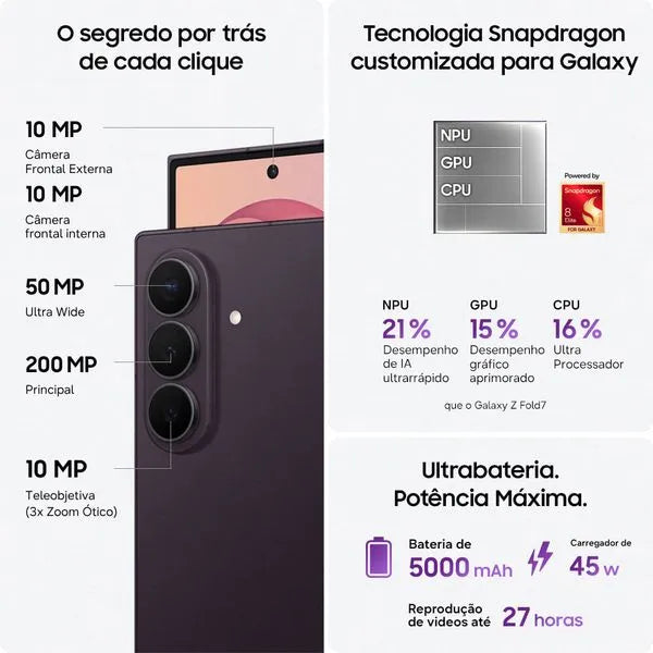 Smartphone dobrável Samsung Galaxy Z Fold8 Ultra 5G 12GB RAM 256GB Tela 8.0" Dynamic AMOLED 2X 120Hz Snapdragon 8 Elite Gen 5 Estrutura em Titânio