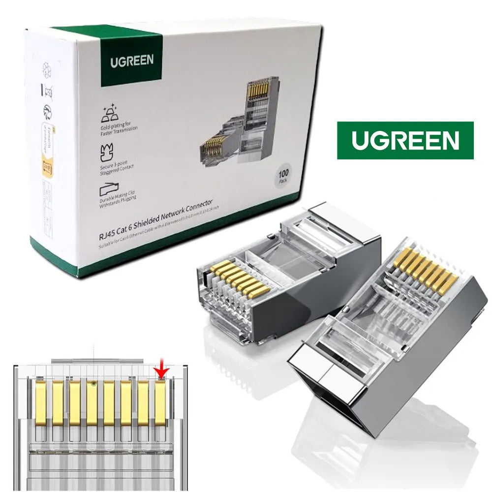Ugreen 50248 Conector RJ45 Cat6 Blindado – Pacote com 100 Peças