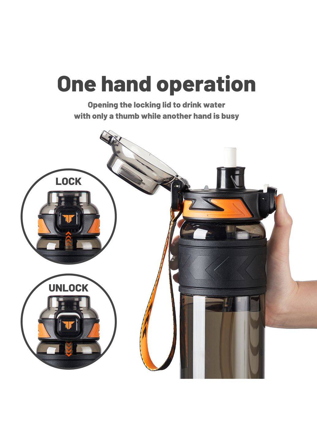 Garrafa de Água Tritan TKK-1020 | 1000ml com Canudo e Design Ergonómico – Orange & Black