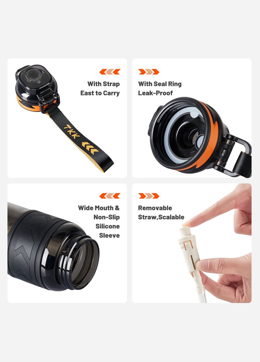 Garrafa de Água Tritan TKK-1020 | 1000ml com Canudo e Design Ergonómico – Orange & Black
