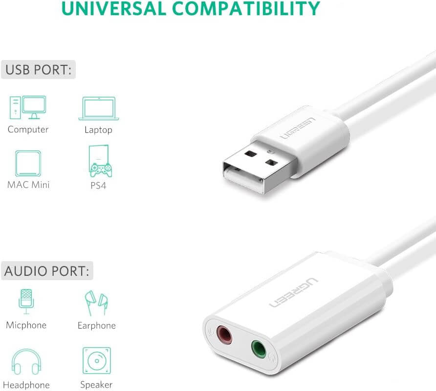 UGREEN 30143 – Adaptador de Som Externo USB para Saída de Áudio 3,5 mm