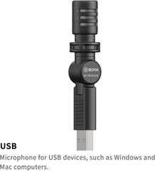 BOYA BY‑M100UA – Microfone Condensador Miniatura USB‑A (Plug & Play)