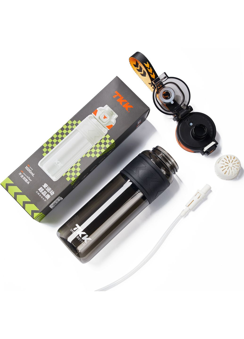 Garrafa de Água Tritan TKK-1020 | 1000ml com Canudo e Design Ergonómico – Orange & Black