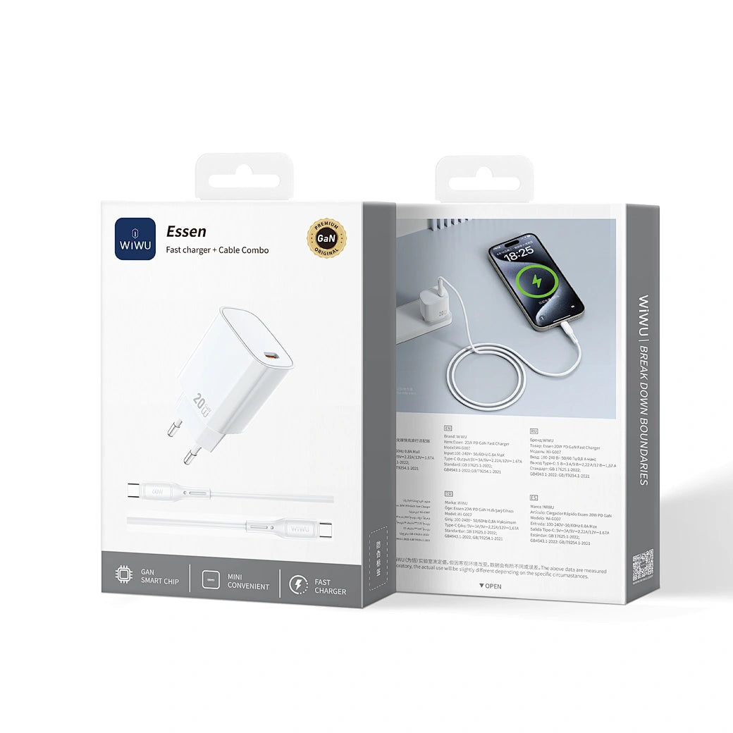 WI-G007C-C – CARREGADOR DE CELULAR  Conjunto Carregador Rápido + Cabo WiWU 20W Essen GaN
