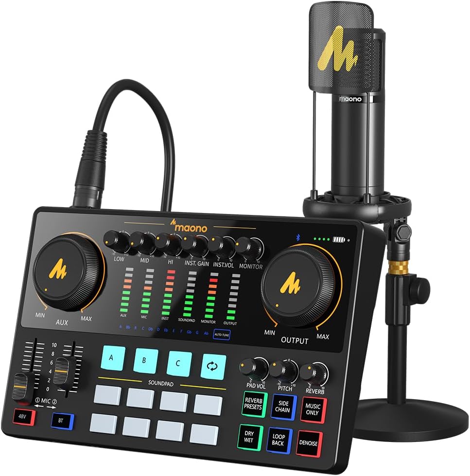 Kit de Áudio Podcast Maonocaster AME2A: Placa de Som XLR Externa com Mesa de Mistura e Microfone Condensador