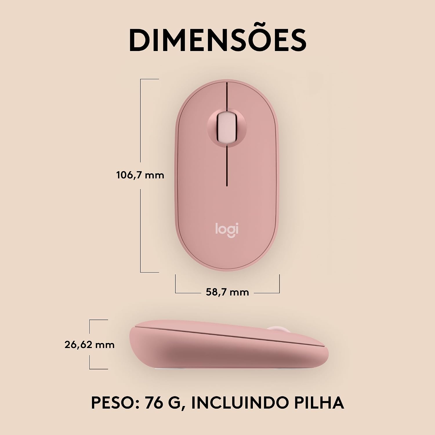 Rato Sem Fio Logitech Pebble M350s Silent Touch Conexão Dupla Bluetooth e Logi Bolt 4000 DPI Rosa e Sand