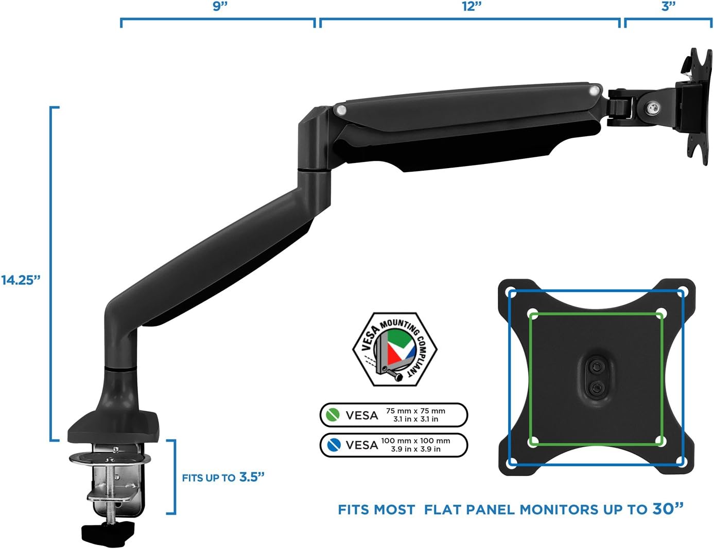 Suporte de Mesa Articulado com Braço para Monitor 17" a 30" (Preto) | Ajuste de Altura e Inclinação, Sistema de Gestão de Cabos Integrado, Fixação por Grampo/Furo e Compatibilidade VESA