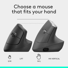 Rato Ergonómico Vertical Sem Fio Logitech Lift Ângulo de 57° Conexão Bluetooth e Logi Bolt Sensor 4000 DPI Autonomia 24 Meses