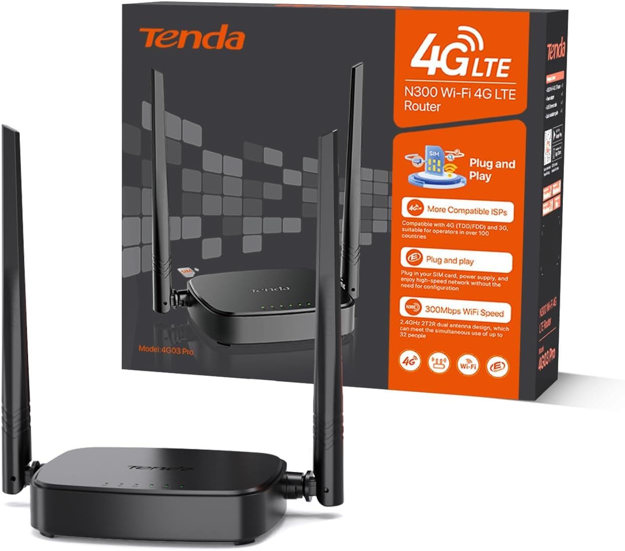 Router Fixo/Móvel Tenda G03 Pro N300 Wi-Fi 4G LTE | Velocidades de até 150Mbps, Categoria LTE CAT4, Entrada para Cartão Nano SIM e Compatibilidade Universal de Redes
