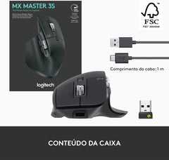 Rato Ergonómico Sem Fio Logitech MX Master 3S Preto Sensor 8000 DPI Vidro Quiet Clicks Rolagem MagSpeed Bluetooth e USB-C
