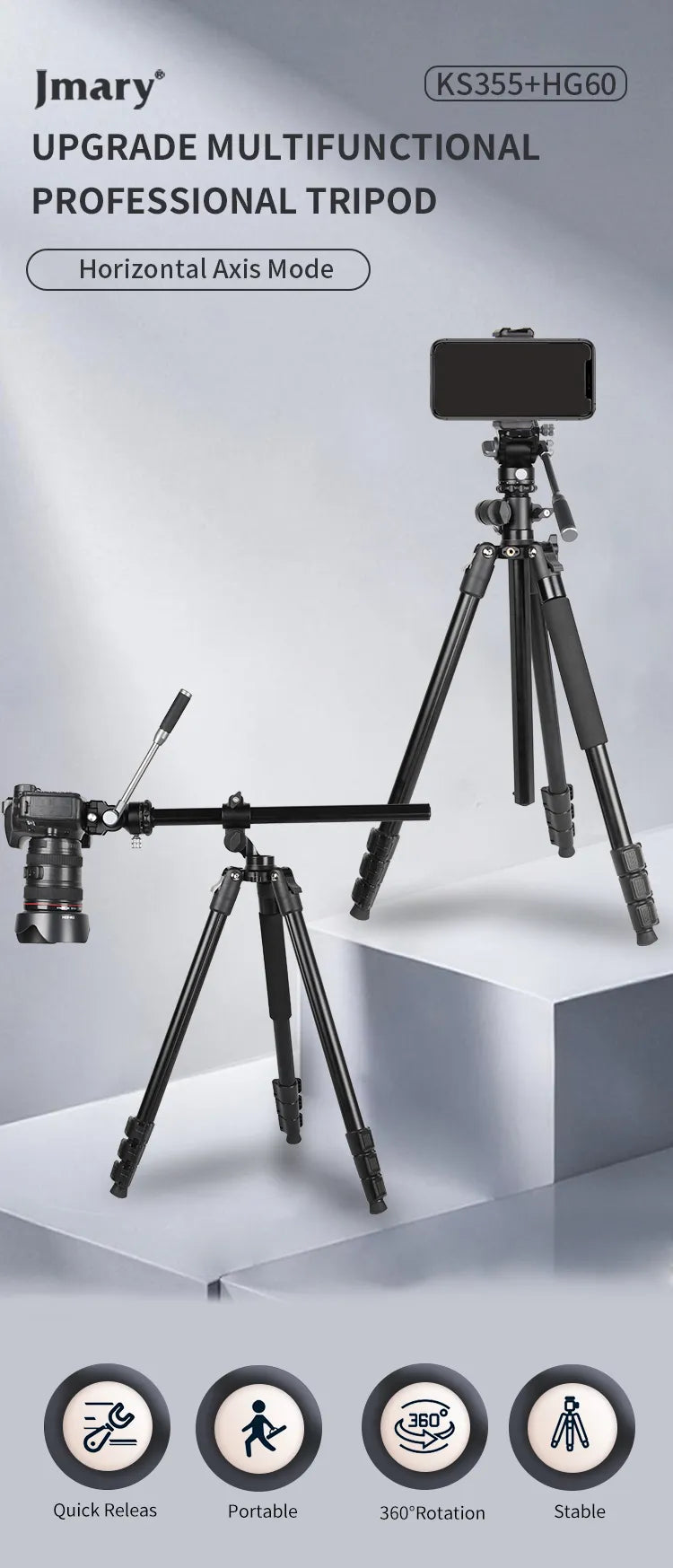 Sistema Profissional Jmary KS355+HG60 | Tripé e Monopé 2-em-1 com Eixo Horizontal (Girafa) e Carga até 8kg