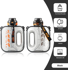 Garrafa de Água TKK-1022 | 1,6 Litros (1/2 Galão) com Canudo – Design de Alta Capacidade Black