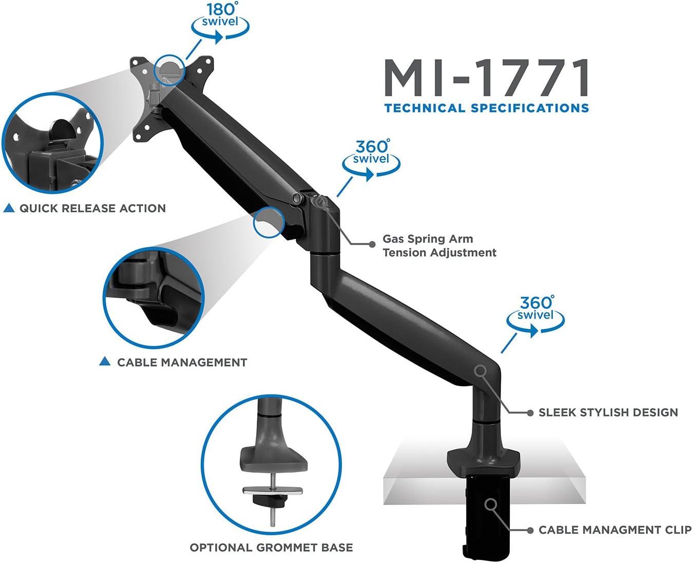 Suporte de Mesa Articulado com Braço para Monitor 17" a 30" (Preto) | Ajuste de Altura e Inclinação, Sistema de Gestão de Cabos Integrado, Fixação por Grampo/Furo e Compatibilidade VESA