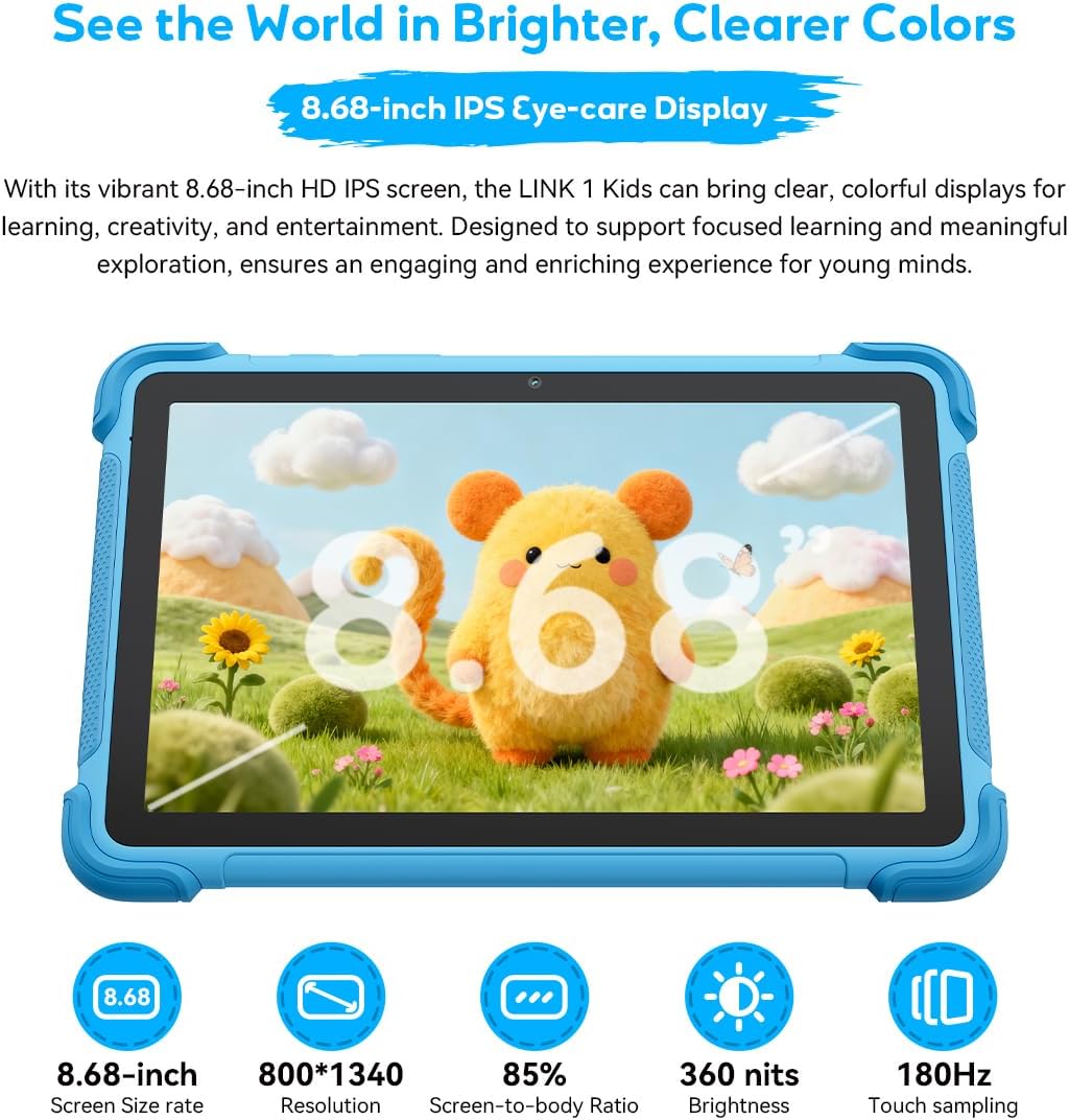 Tablet Infantil Blackview Link 1 Kids 8.68" | 4GB RAM, 64GB de Armazenamento, Bateria de 5000 mAh, Sistema com Espaço iKids e Design Compacto