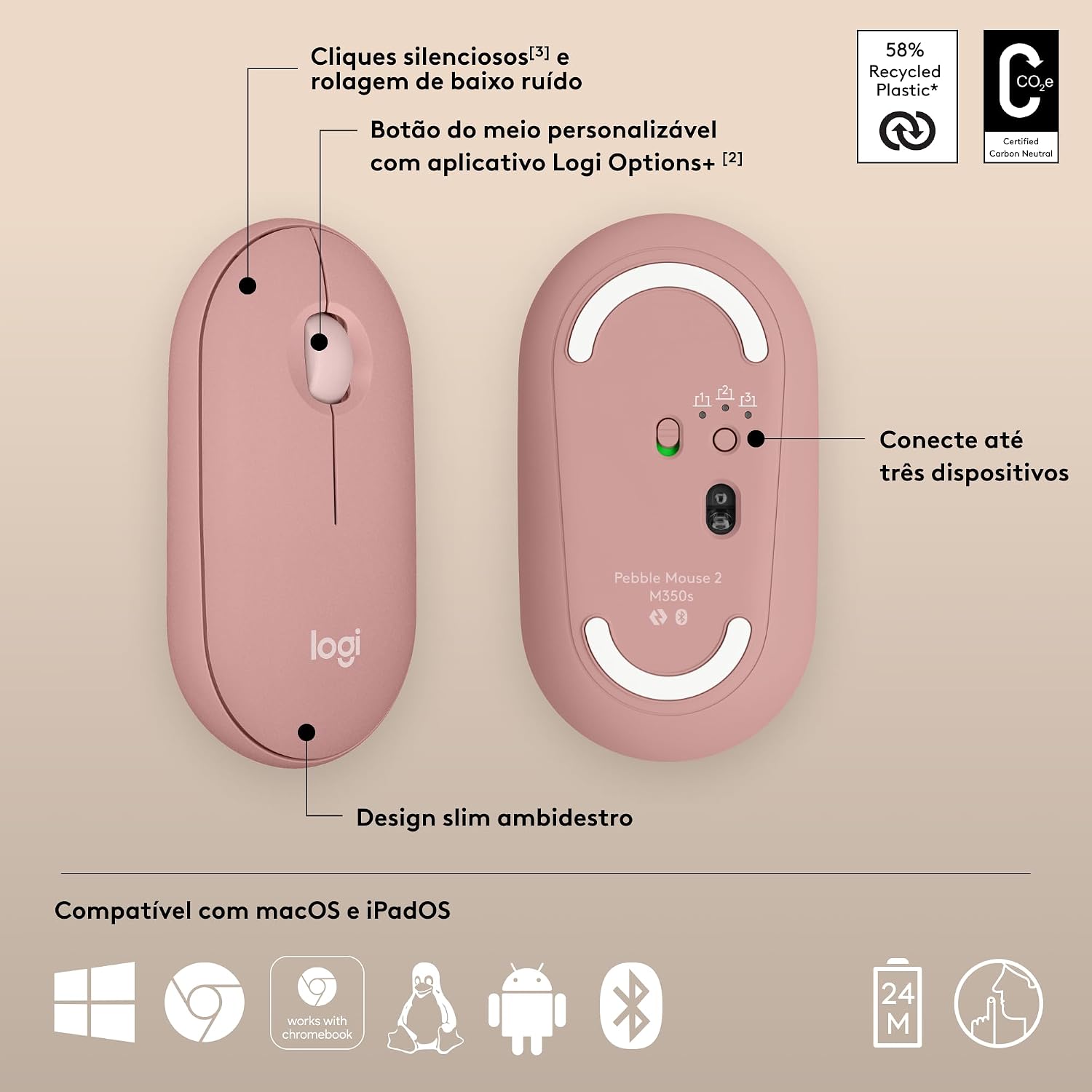 Rato Sem Fio Logitech Pebble M350s Silent Touch Conexão Dupla Bluetooth e Logi Bolt 4000 DPI Rosa e Sand