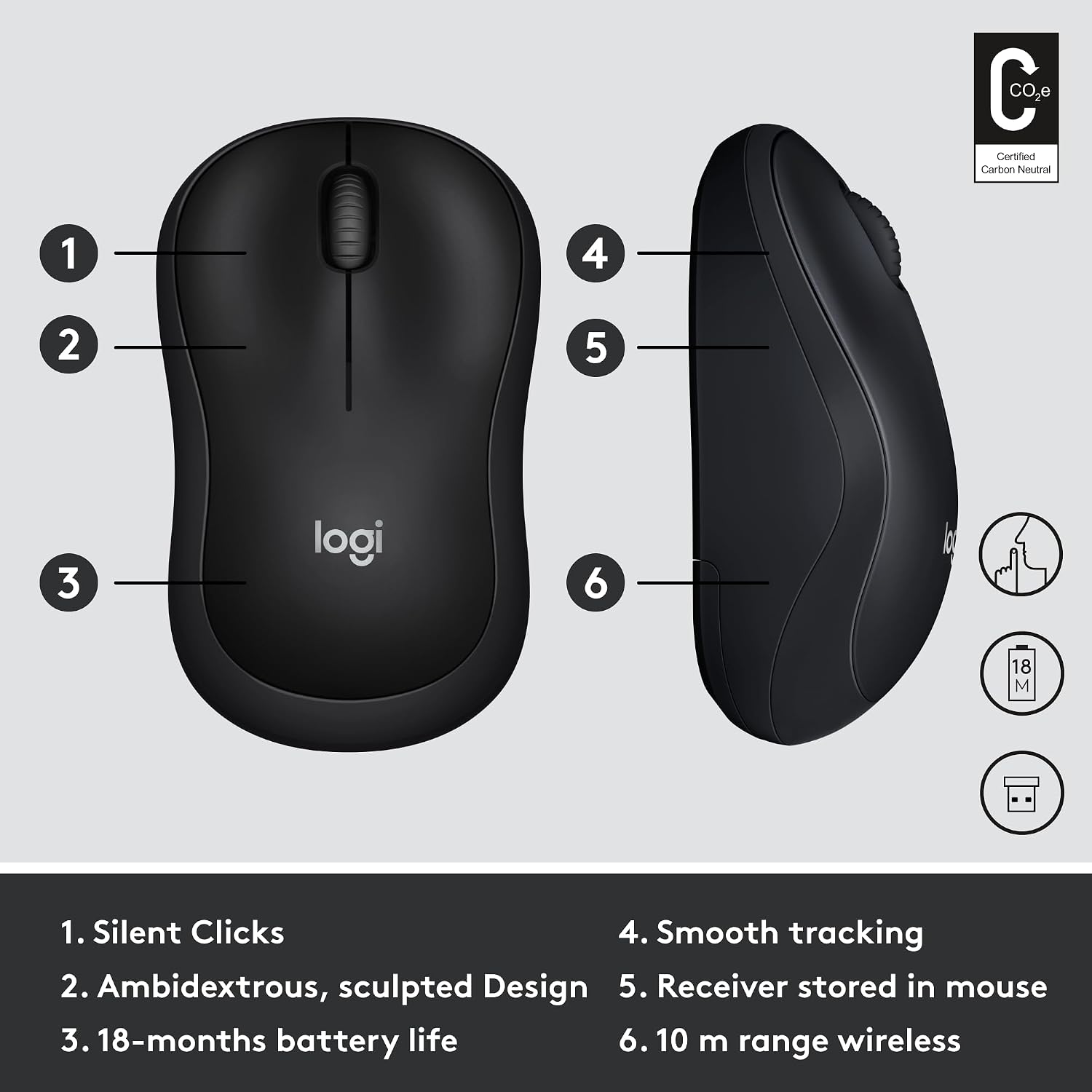 Rato Sem Fio Logitech M220 Silent Preto com Redução de Ruído de 90% Receptor Nano USB 1000 DPI