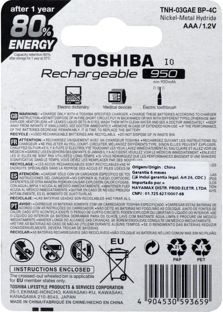 PILHAS TOSHIBA AAA – Pack com 4 Unidades