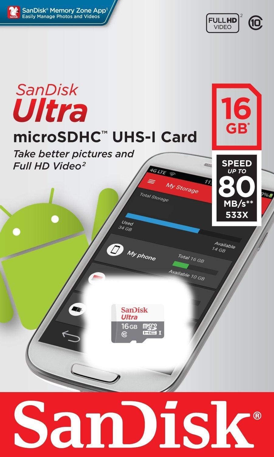 Cartão de Memória SanDisk Ultra microSDHC 16GB UHS-I Class 10 (80MB/s)