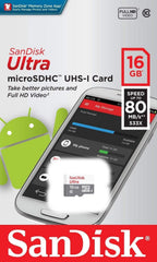 Cartão de Memória SanDisk Ultra microSDHC 16GB UHS-I Class 10 (80MB/s)