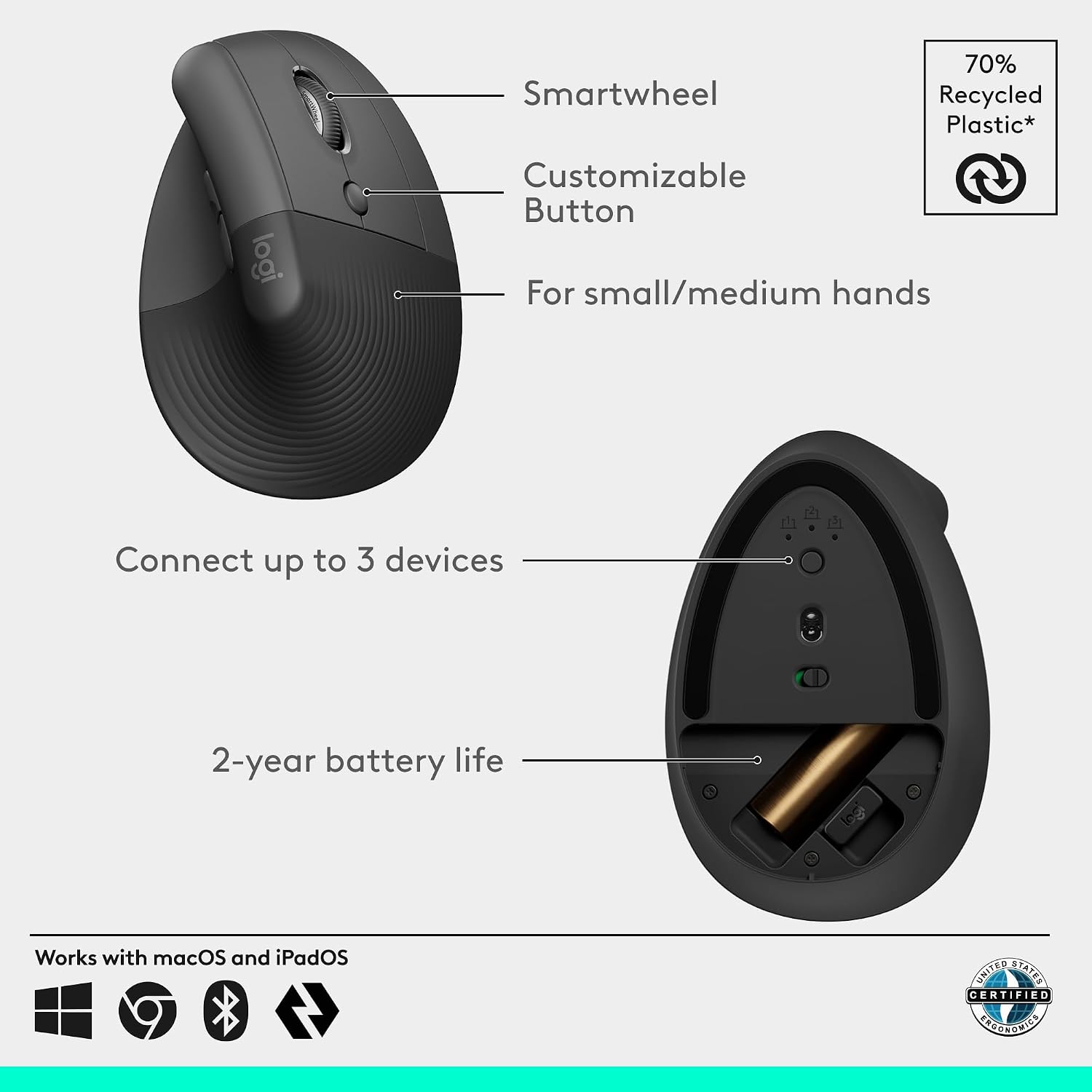 Rato Ergonómico Vertical Sem Fio Logitech Lift Ângulo de 57° Conexão Bluetooth e Logi Bolt Sensor 4000 DPI Autonomia 24 Meses