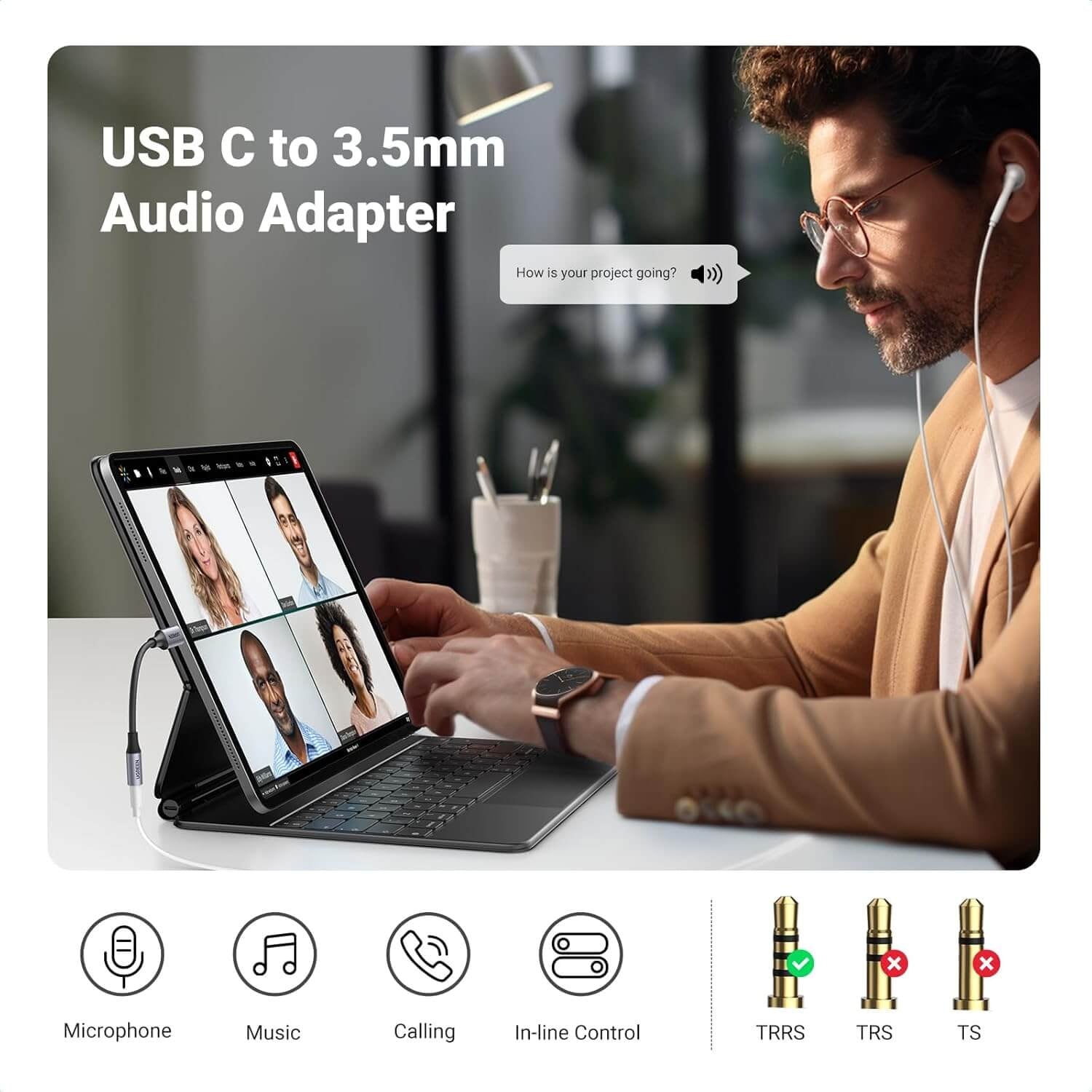 UGREEN USB-C para 3.5mm (Fêmea) Cabo Adaptador com Corpo de Alumínio – 10cm