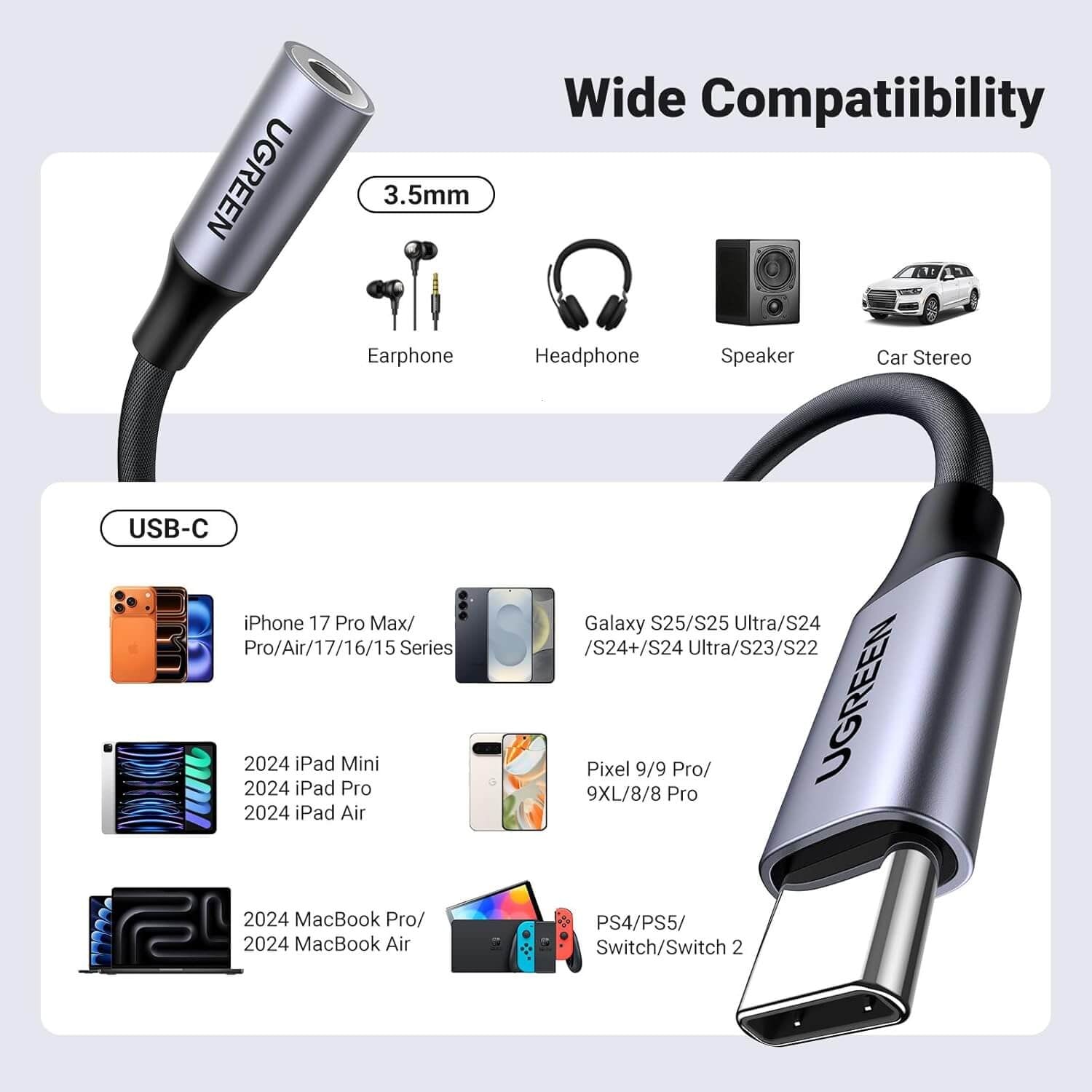 UGREEN USB-C para 3.5mm (Fêmea) Cabo Adaptador com Corpo de Alumínio – 10cm