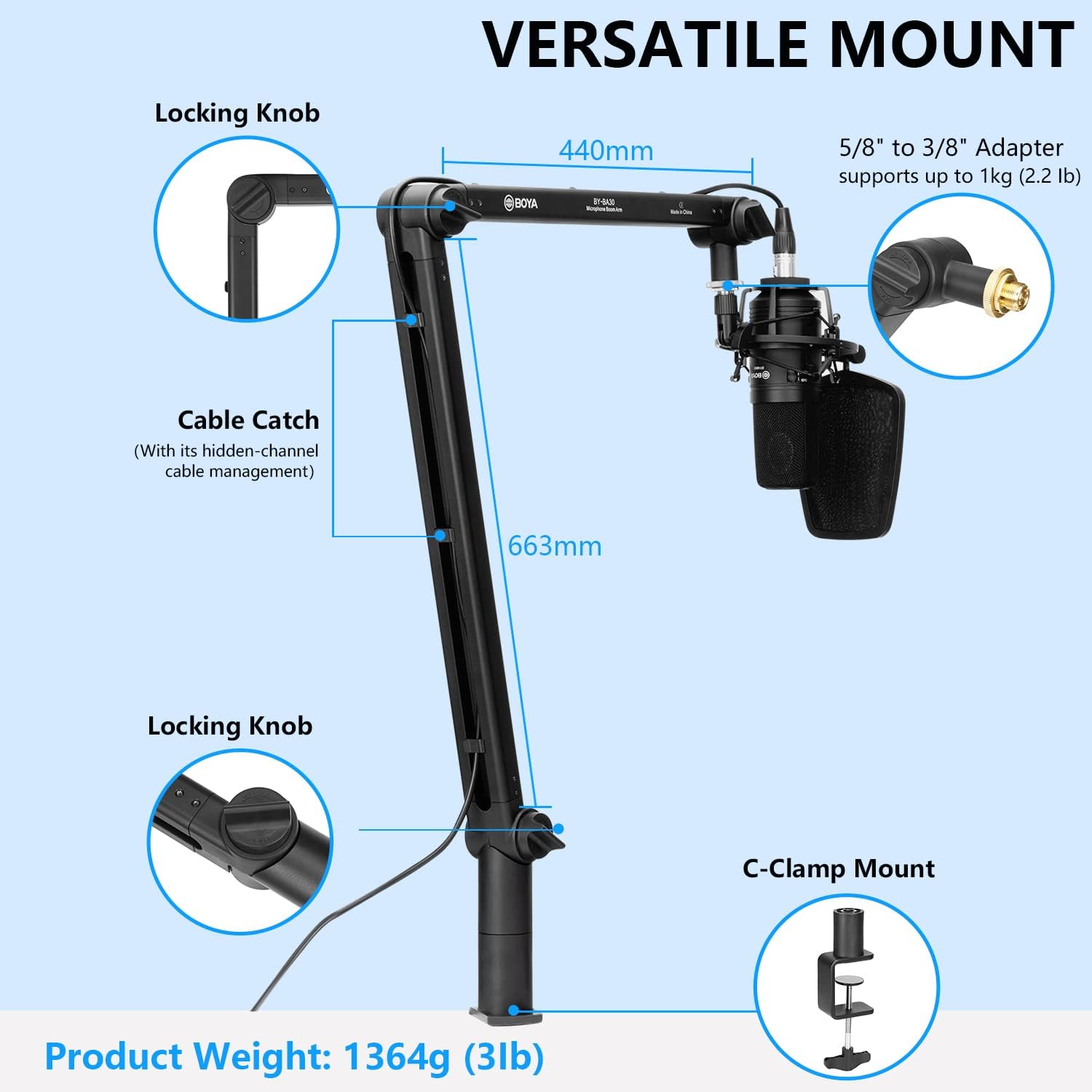 BOYA BY‑BA30 – Boom Arm para Microfone com Fixação em Mesa