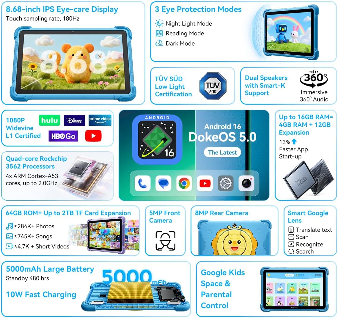 Tablet Infantil Blackview Link 1 Kids 8.68" | 4GB RAM, 64GB de Armazenamento, Bateria de 5000 mAh, Sistema com Espaço iKids e Design Compacto