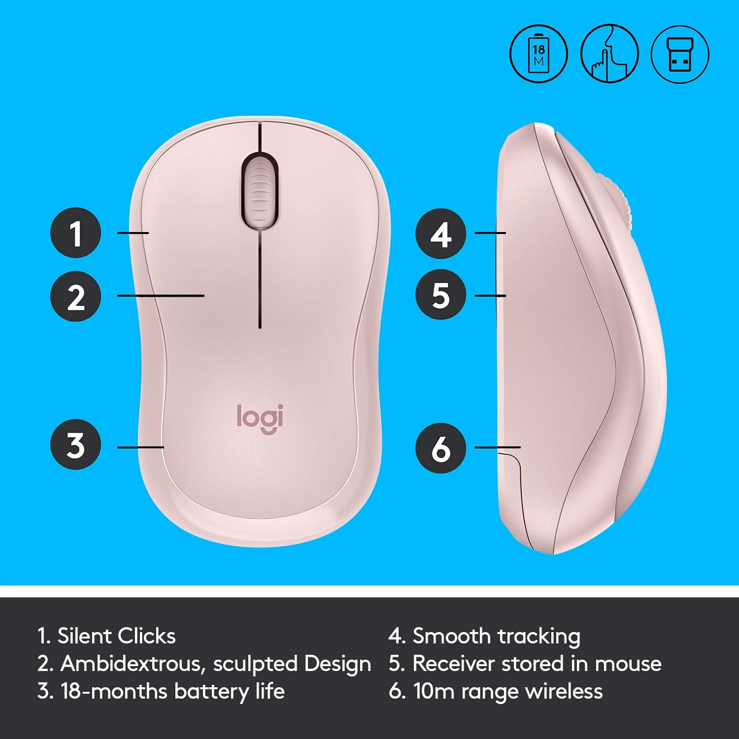Rato Sem Fio Logitech M221 Silent CO5 com Tecnologia SilentTouch Receptor Nano USB 1000 DPI Ambidestro Azul e Rosa