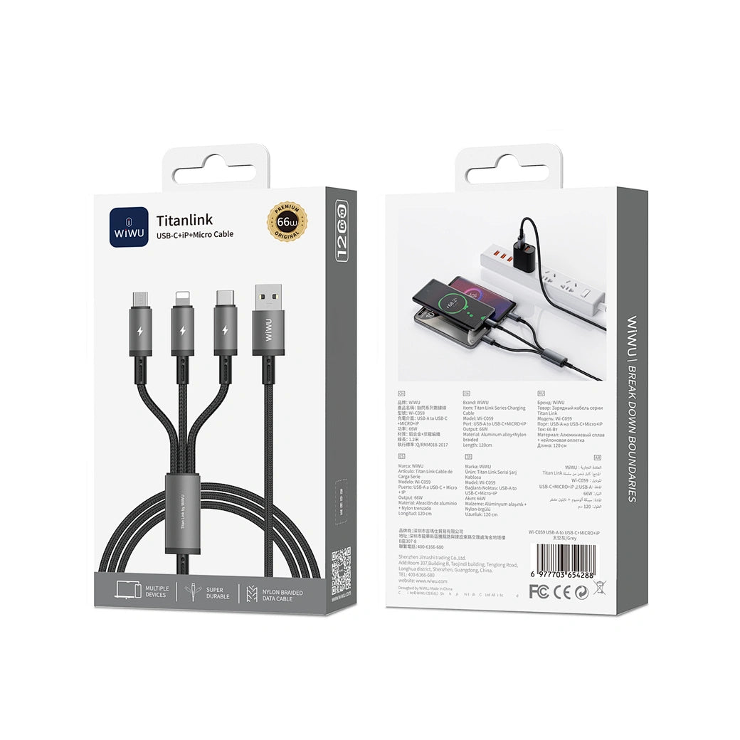 Cabo WiWU Titanlink WI-C059 3-em-1 | USB-C, Lightning e Micro-USB – Carregamento de 3.5A em Nylon Trançado e Liga de Alumínio
