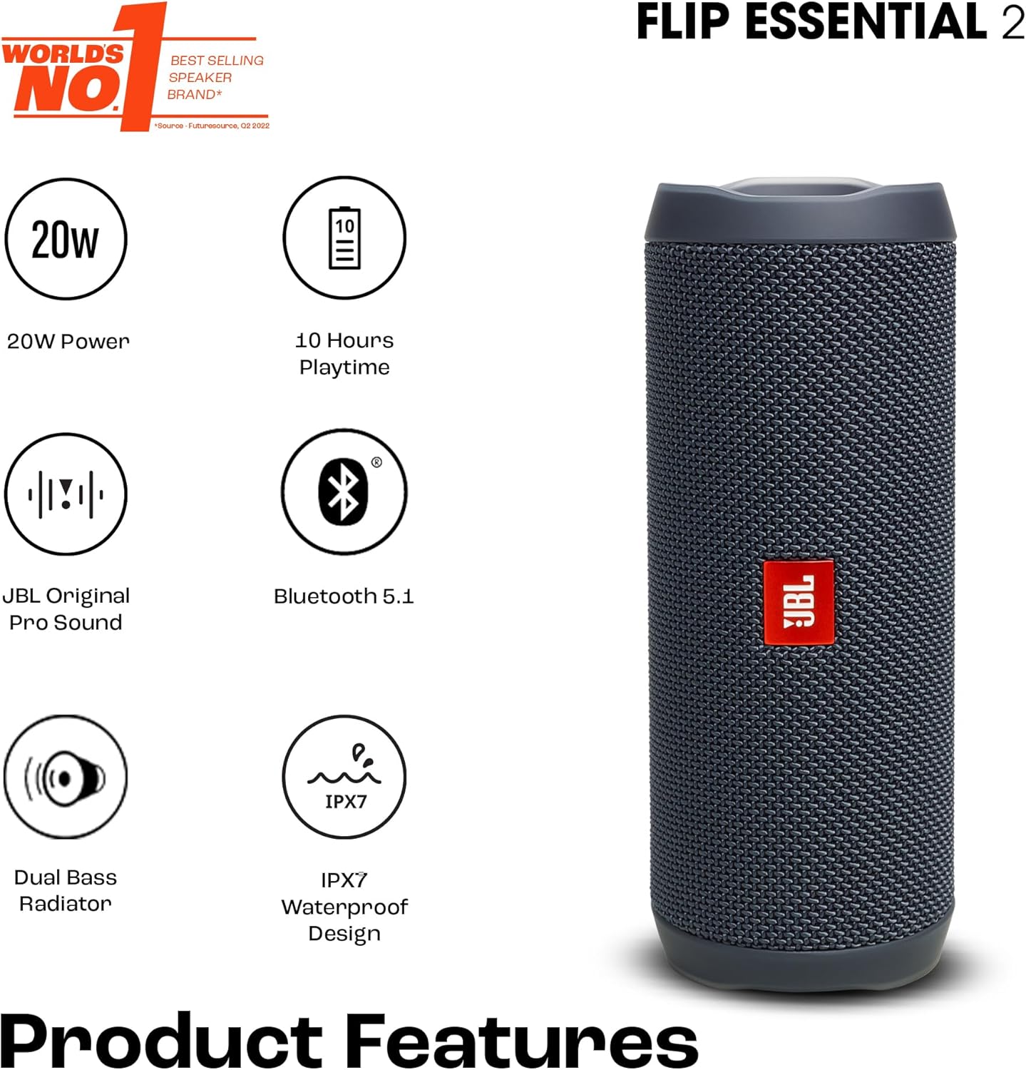 Coluna Bluetooth Portátil JBL Flip Essential 2 | Potência de 20W RMS, Até 10 Horas de Bateria, Certificação IPX7 À Prova D’água e Conexão Tipo-C