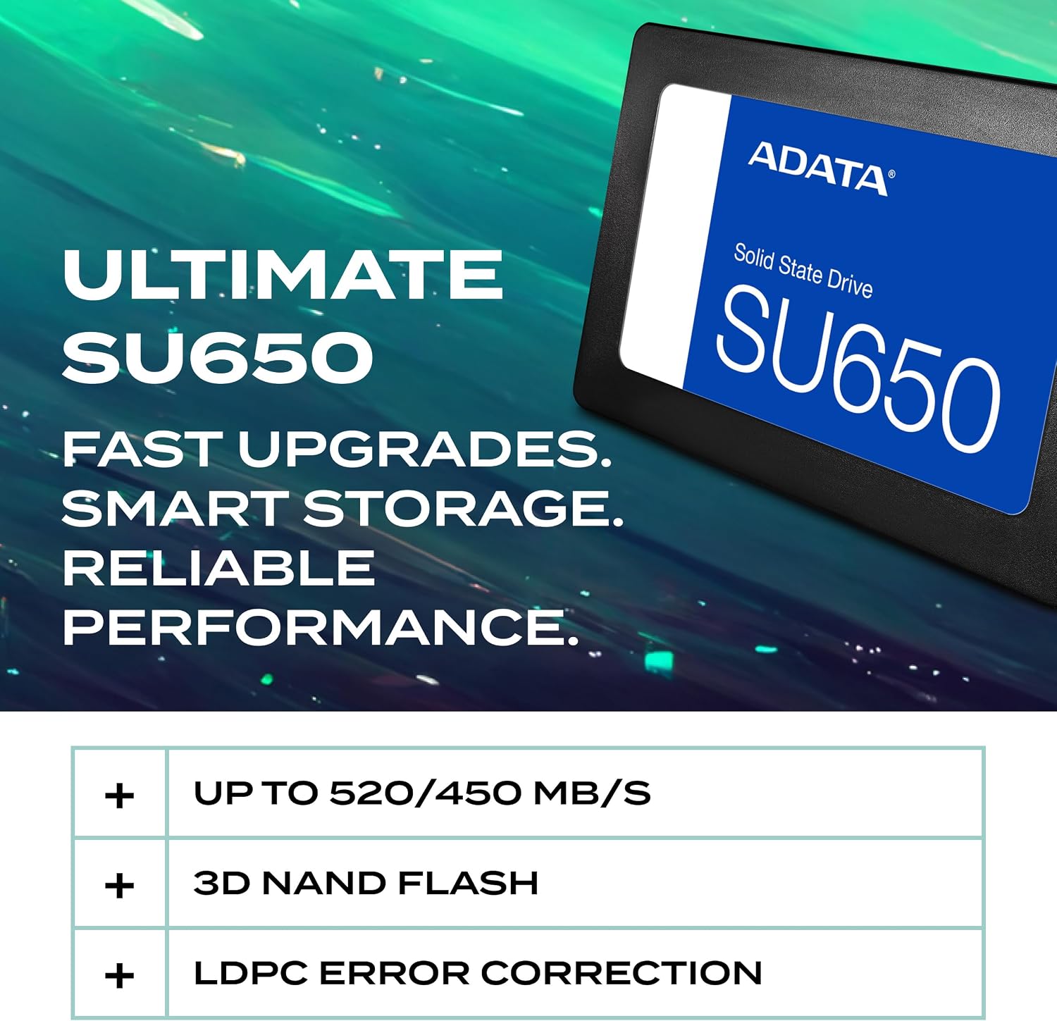 SSD ADATA Ultimate SU650 SATA III 2.5" (512GB / 1TB) Leitura até 520MB/s e Gravação até 450MB/s