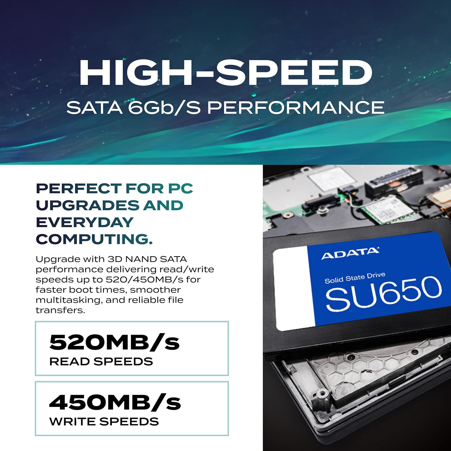 SSD ADATA Ultimate SU650 SATA III 2.5" (512GB / 1TB) Leitura até 520MB/s e Gravação até 450MB/s